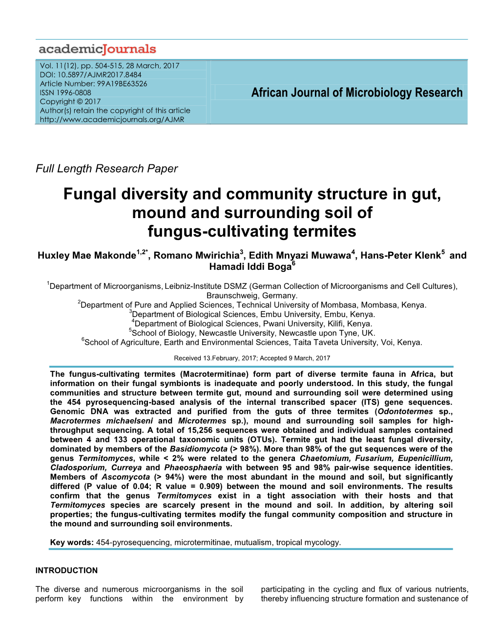 Fungal Diversity and Community Structure in Gut, Mound and Surrounding Soil of Fungus-Cultivating Termites
