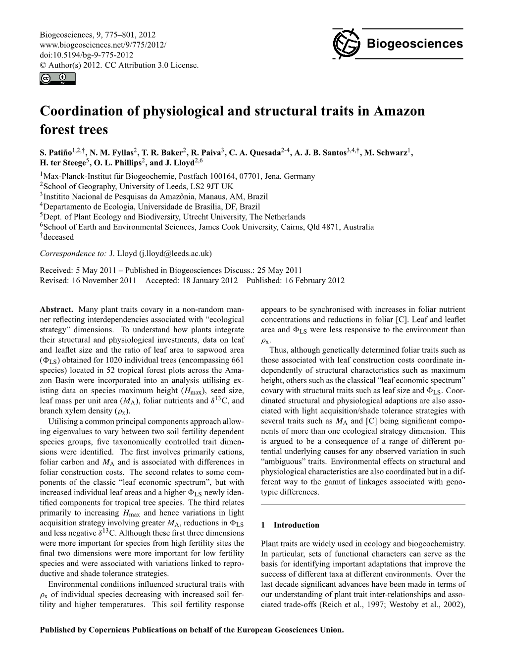 Coordination of Physiological and Structural Traits in Amazon Forest Trees