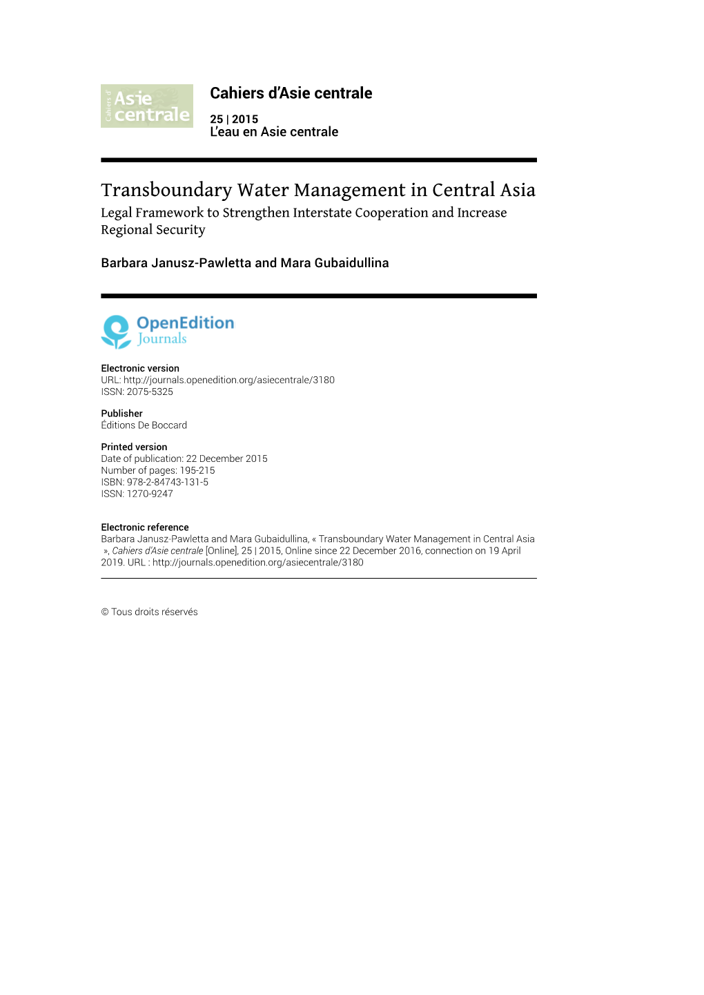 Transboundary Water Management in Central Asia Legal Framework to Strengthen Interstate Cooperation and Increase Regional Security