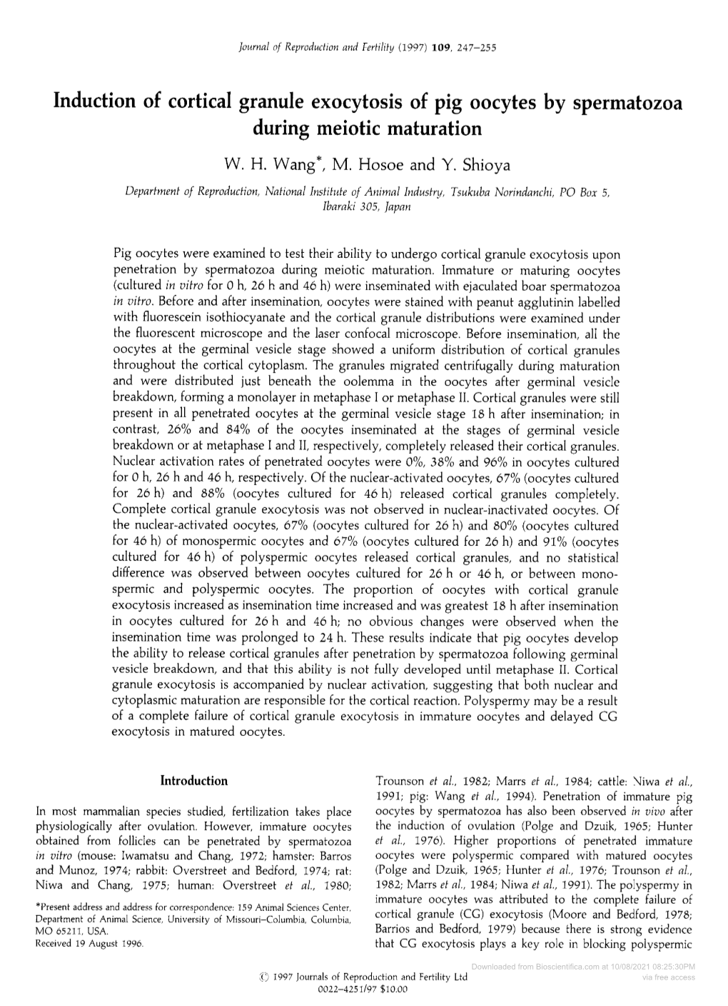 Induction of Cortical Granule Exocytosis of Pig Oocytes by Spermatozoa During Meiotic Maturation W