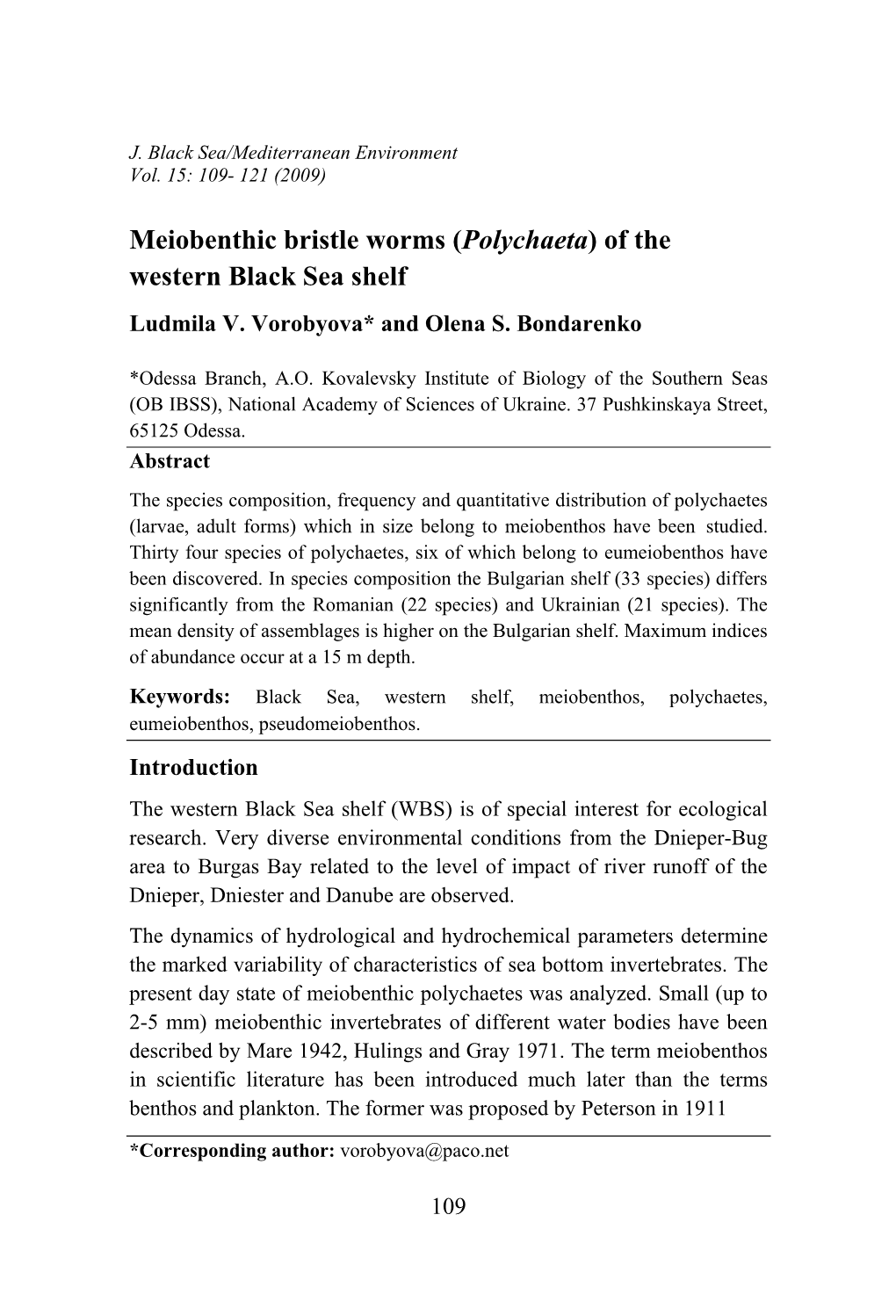 Polychaetes of the Western Black Sea Meiobenthos