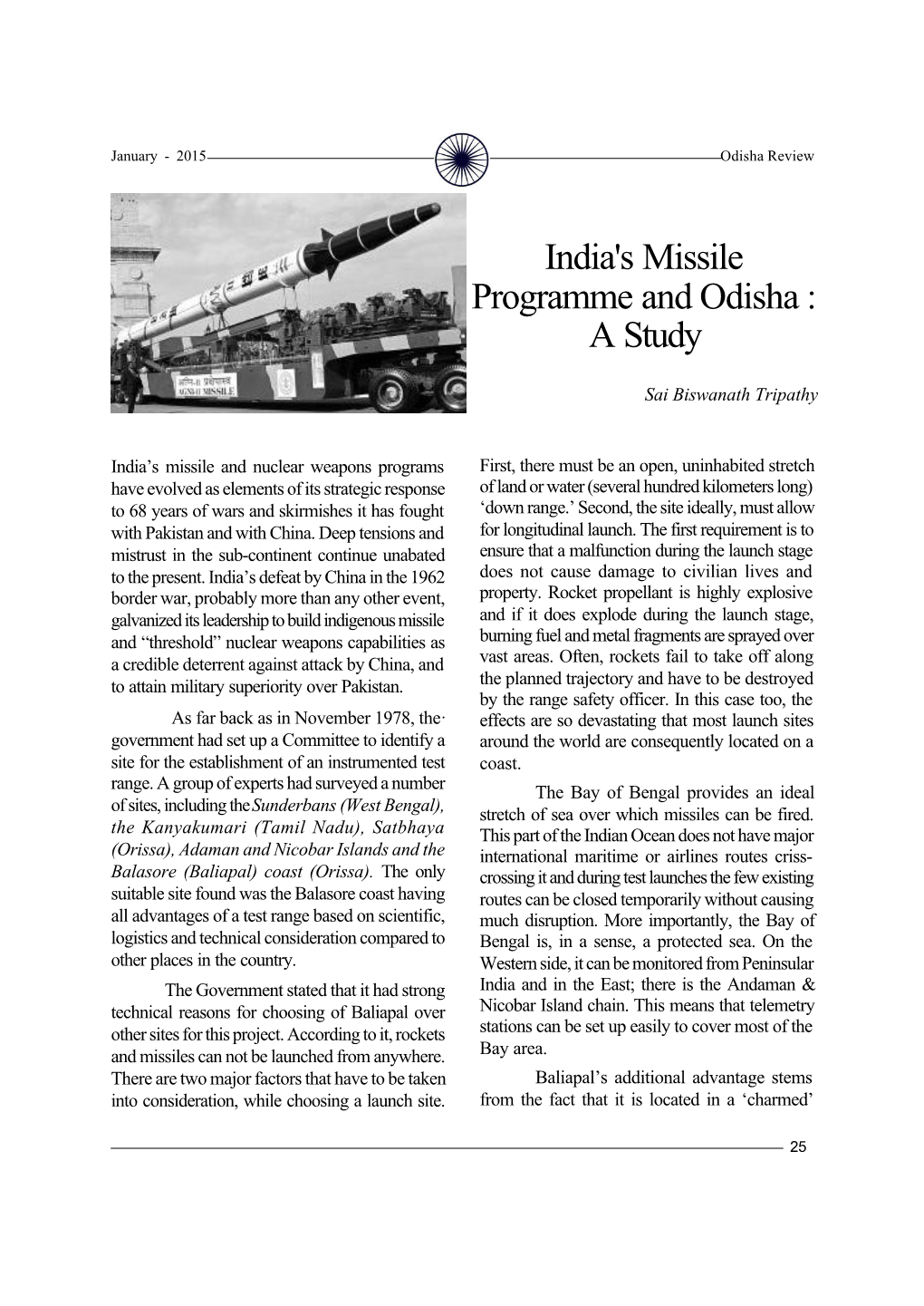 India's Missile Programme and Odisha : a Study