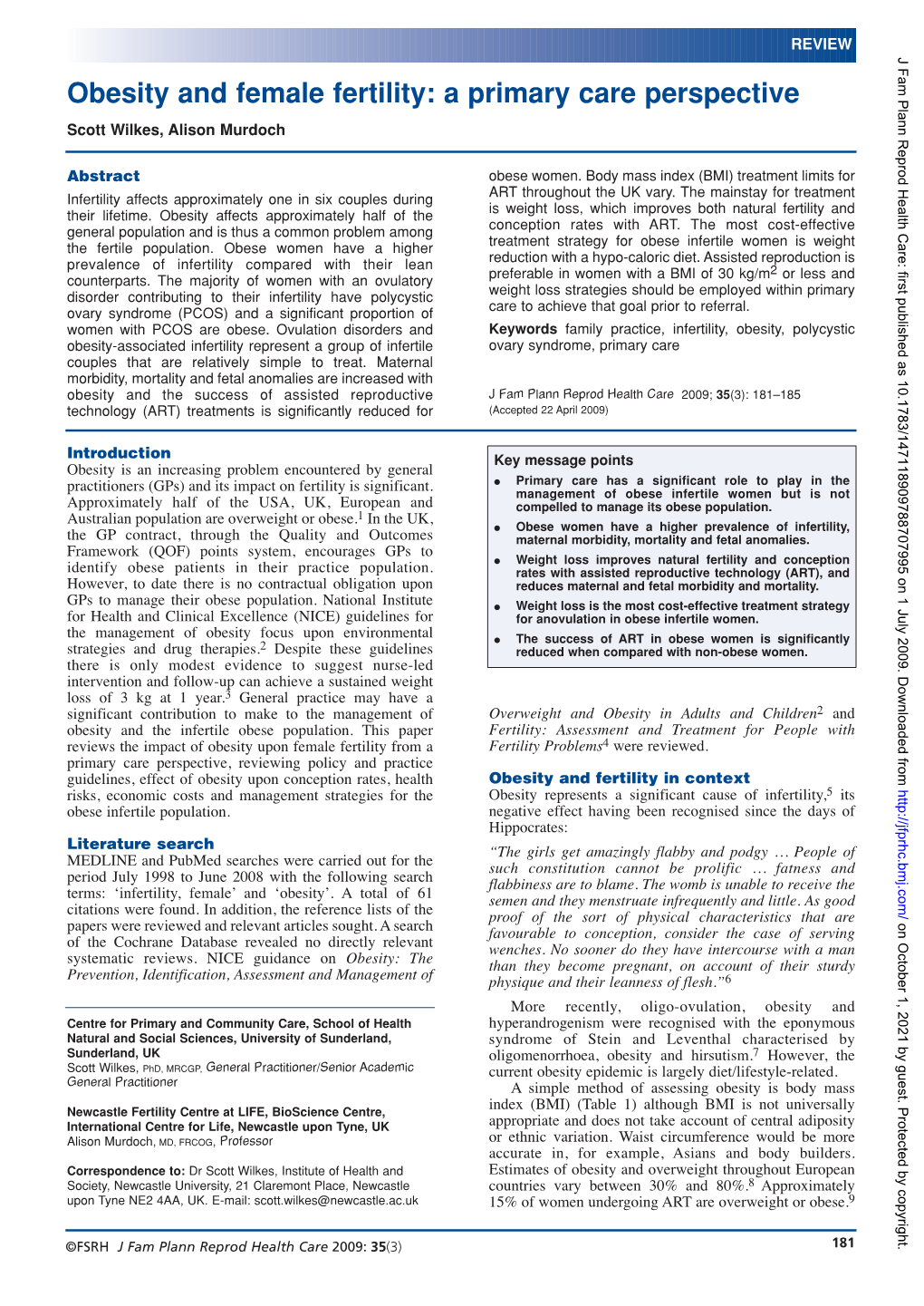 Obesity and Female Fertility: a Primary Care Perspective Scott Wilkes, Alison Murdoch