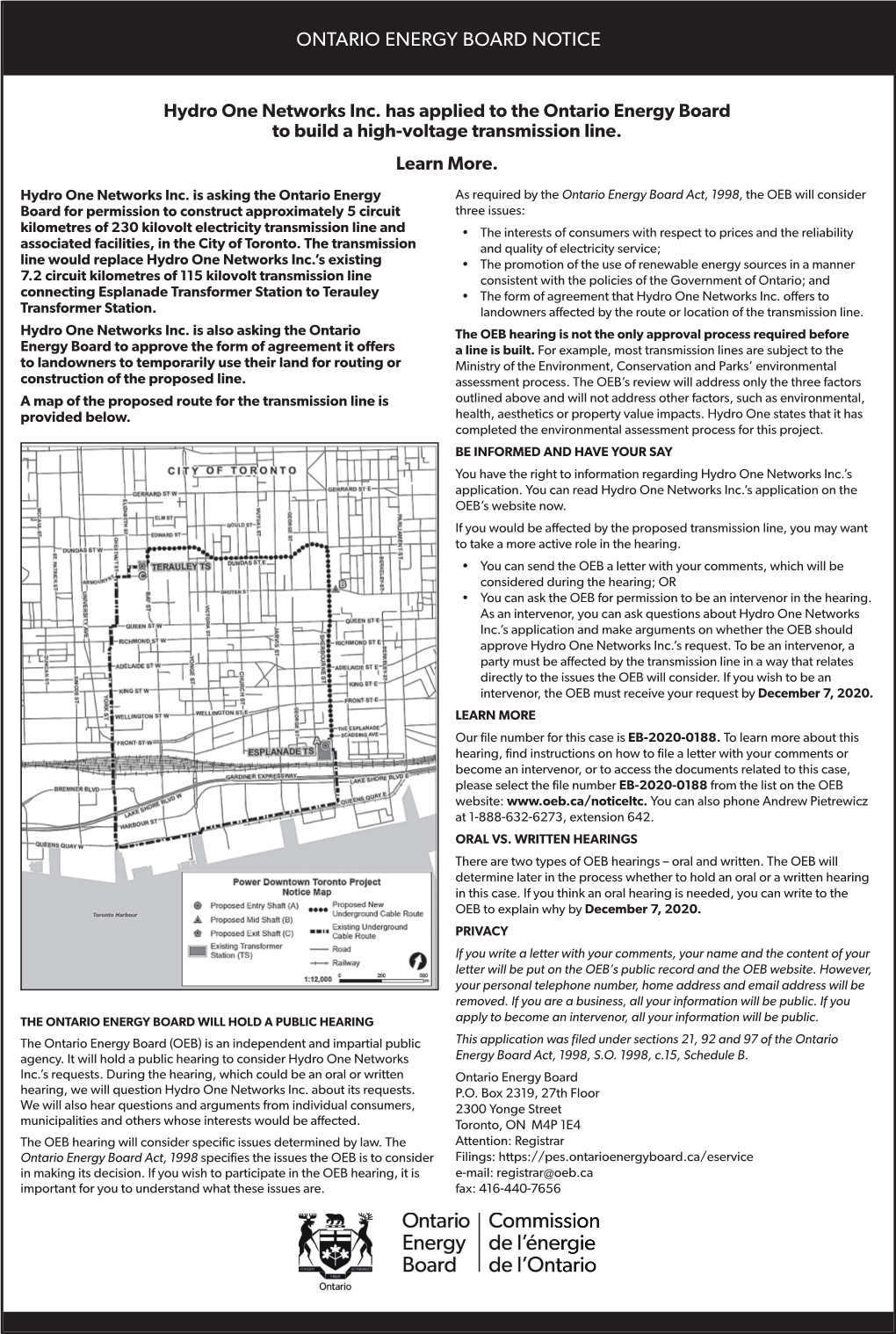 Ontario Energy Board Notice