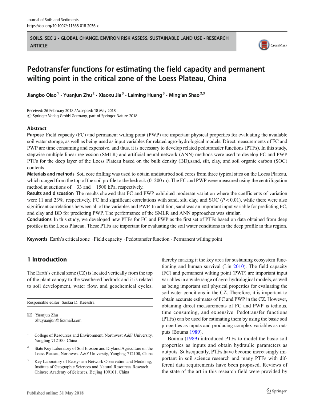 Pedotransfer Functions for Estimating the Field Capacity and Permanent Wilting Point in the Critical Zone of the Loess Plateau, China