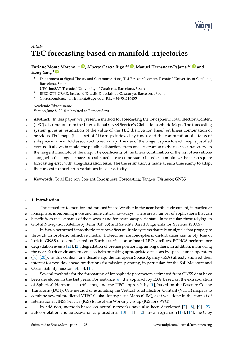 TEC Forecasting Based on Manifold Trajectories