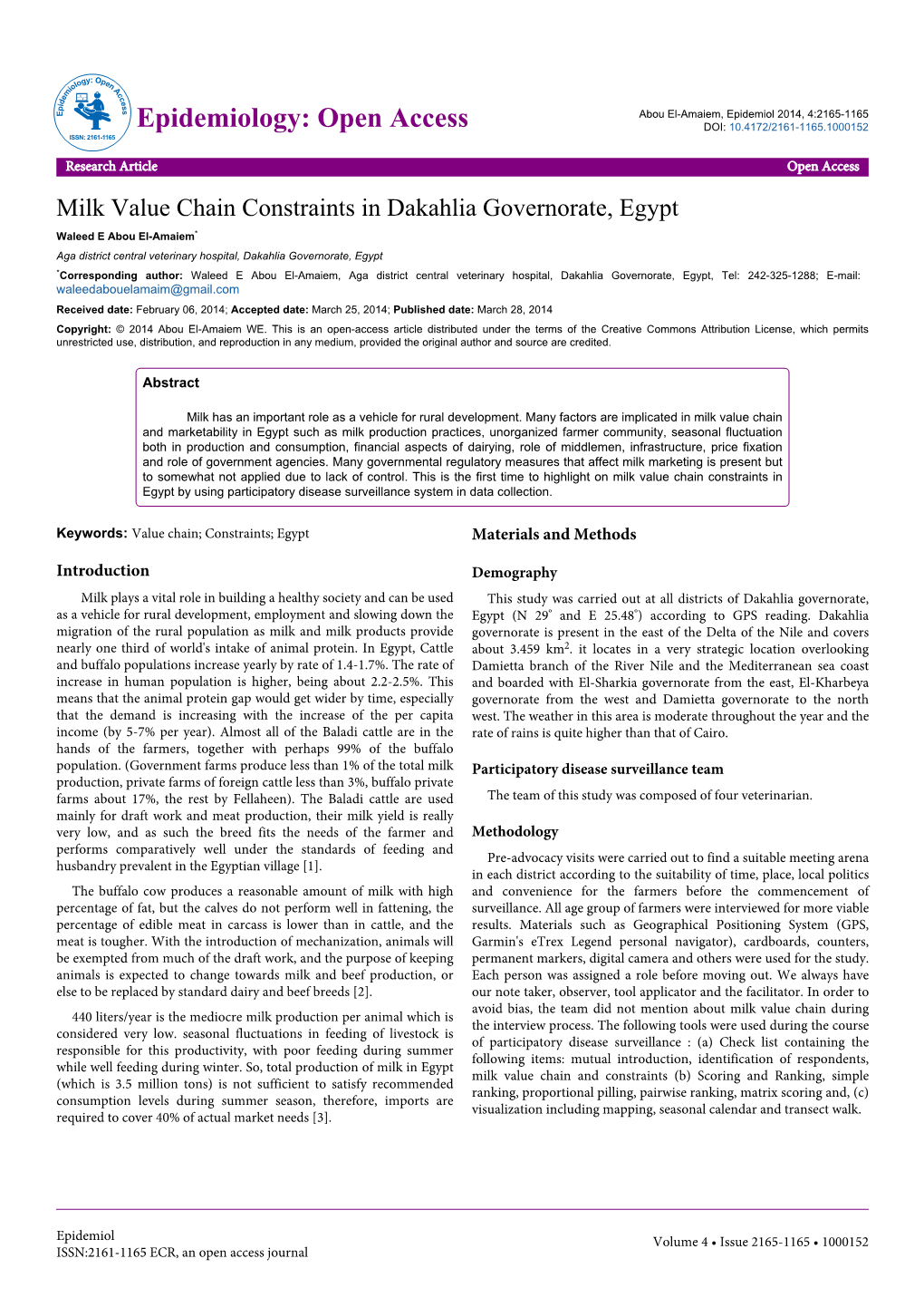 Milk Value Chain Constraints in Dakahlia Governorate, Egypt