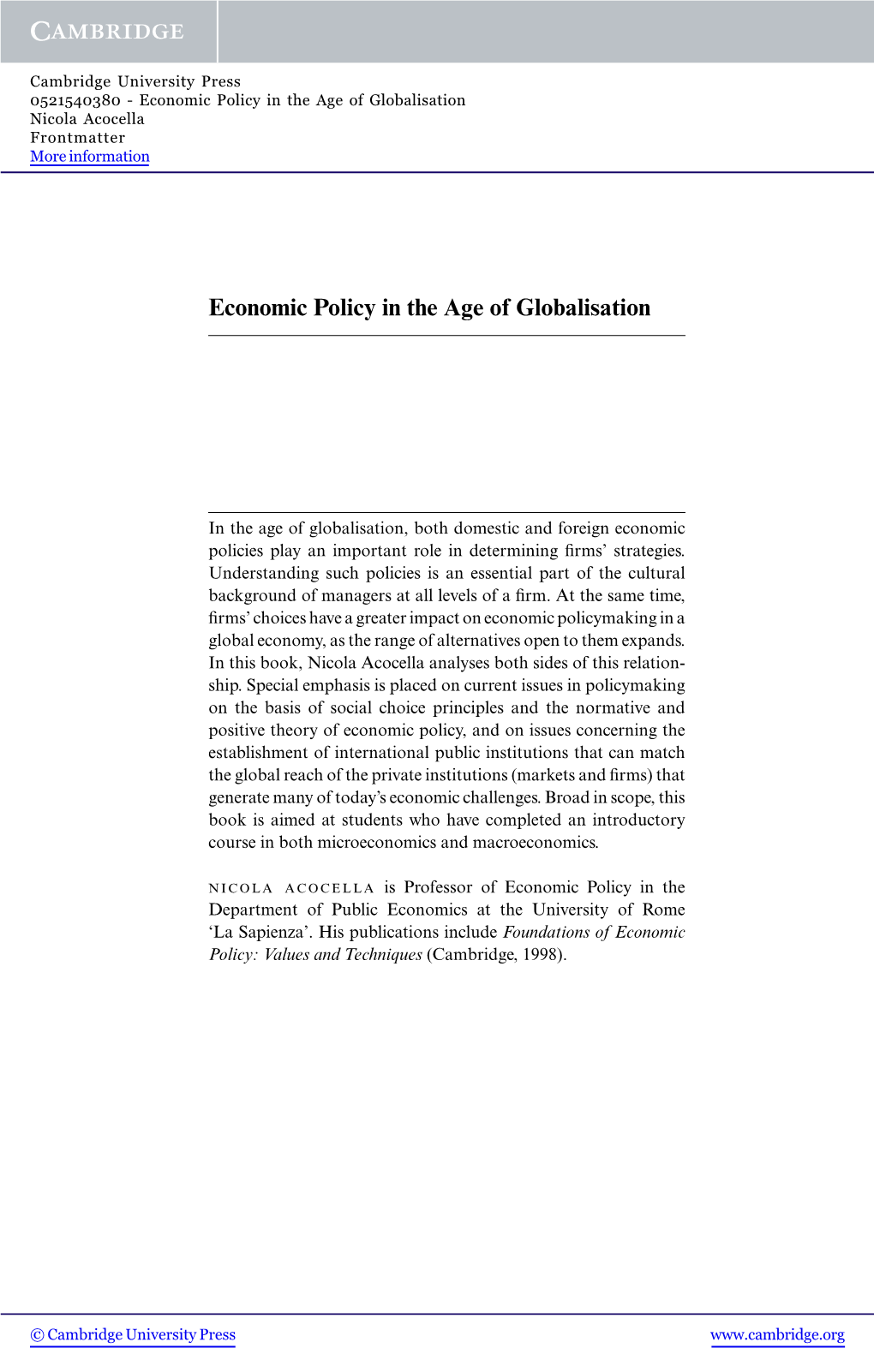 Economic Policy in the Age of Globalisation Nicola Acocella Frontmatter More Information