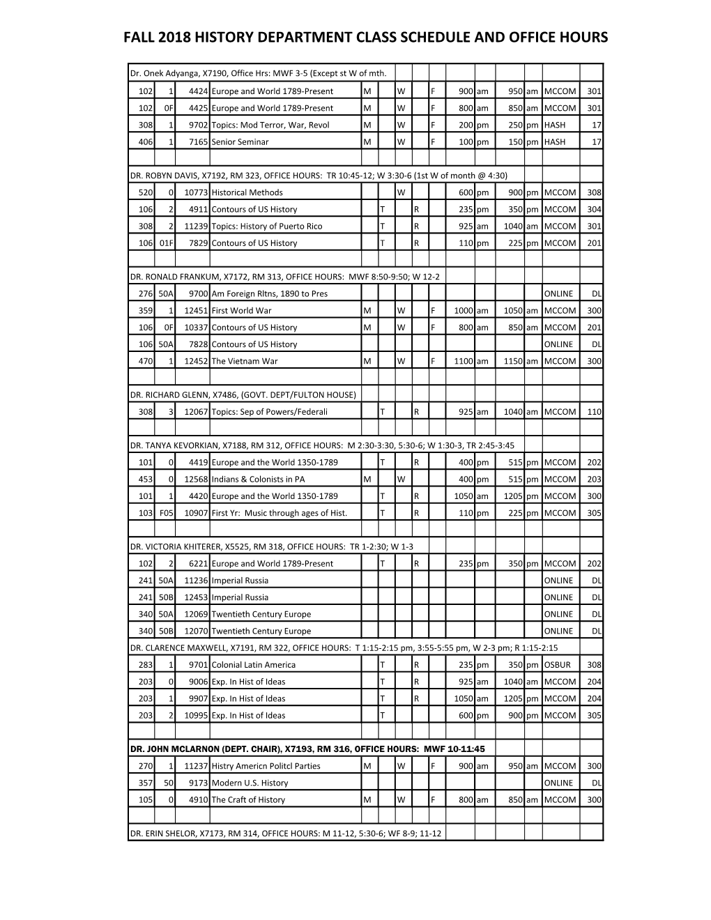 Fall 2018 History Department Class Schedule and Office Hours