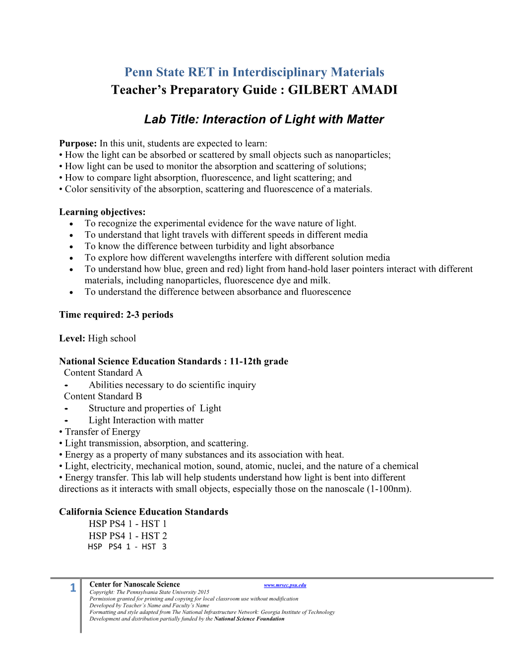 Light Interaction with Matter Lesson Plan