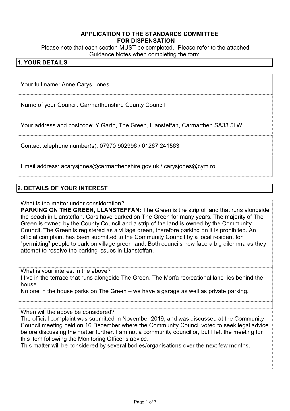 Dispensation Application by Cllr. Carys Jones , Item 4. PDF 192 KB