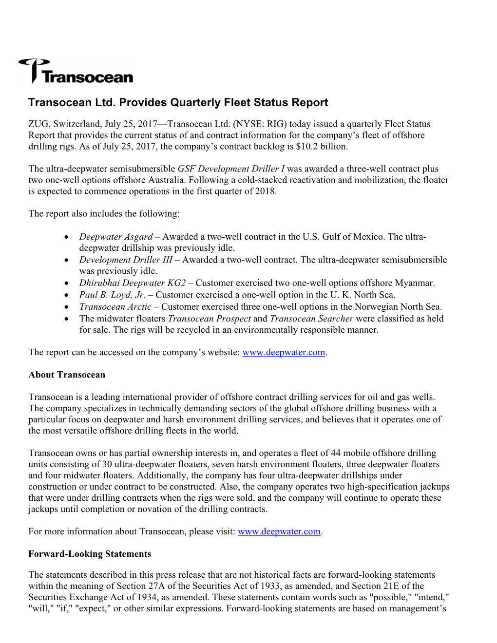 July 2017 Fleet Status Report.Pdf