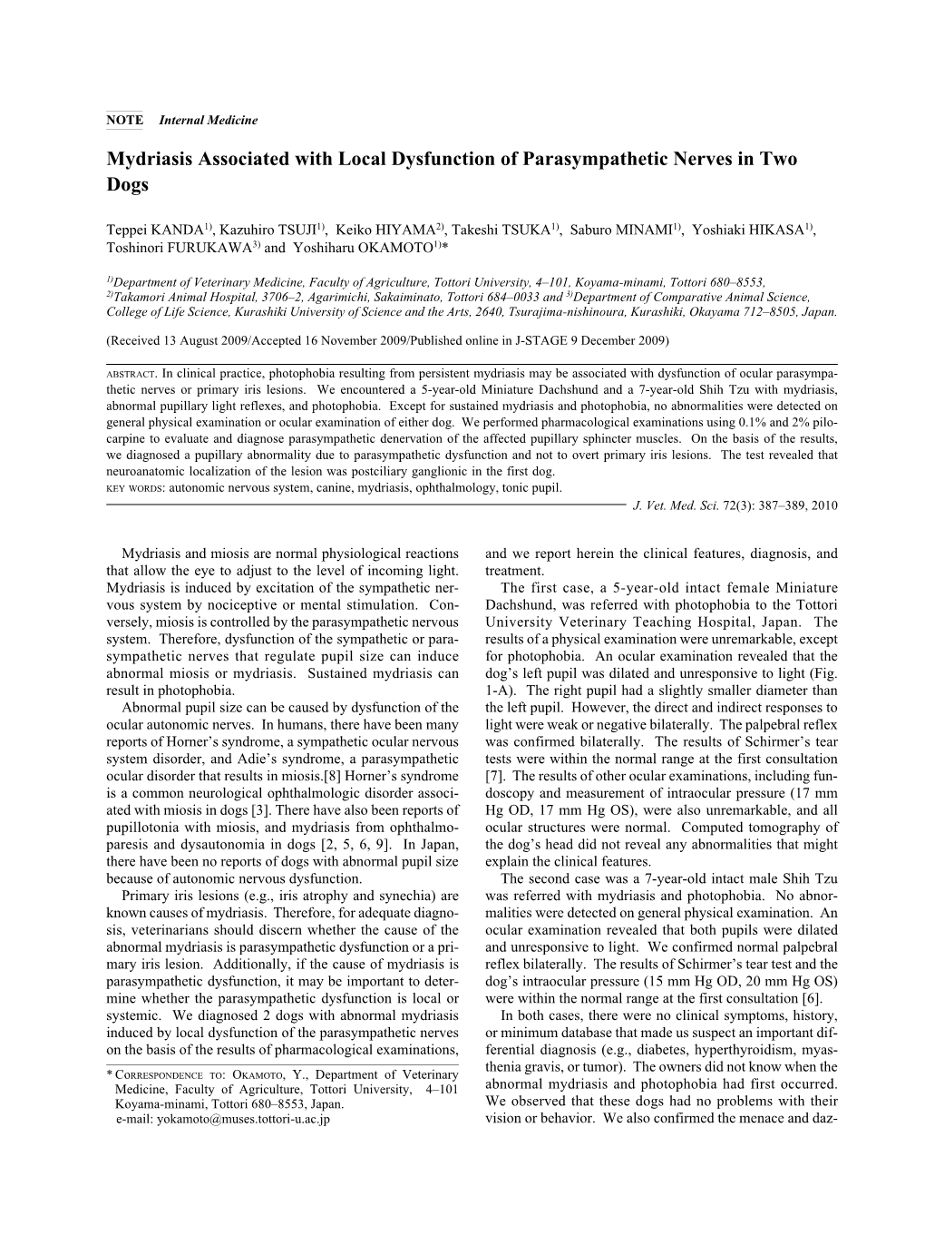 Mydriasis Associated with Local Dysfunction of Parasympathetic Nerves in Two Dogs