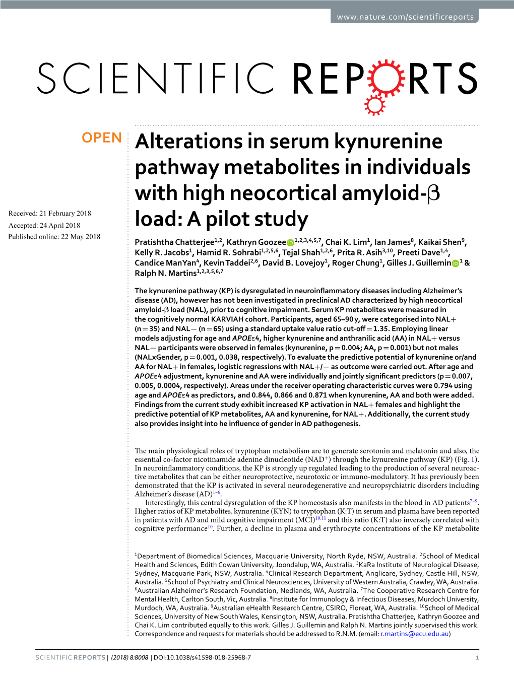 Alterations in Serum Kynurenine Pathway Metabolites In