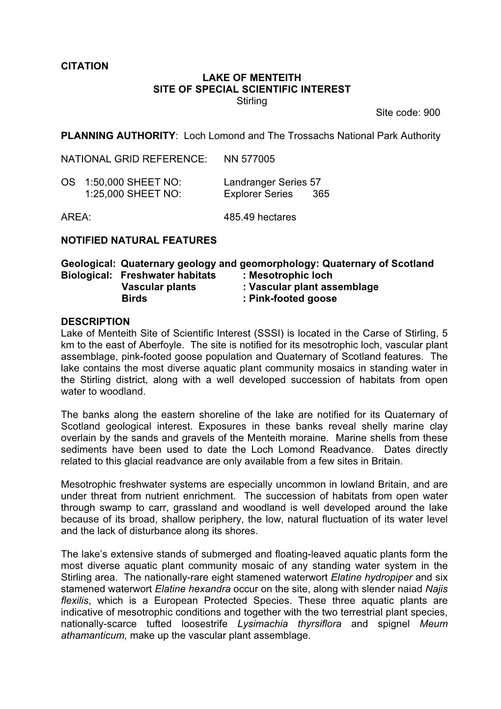 CITATION LAKE of MENTEITH SITE of SPECIAL SCIENTIFIC INTEREST Stirling Site Code: 900