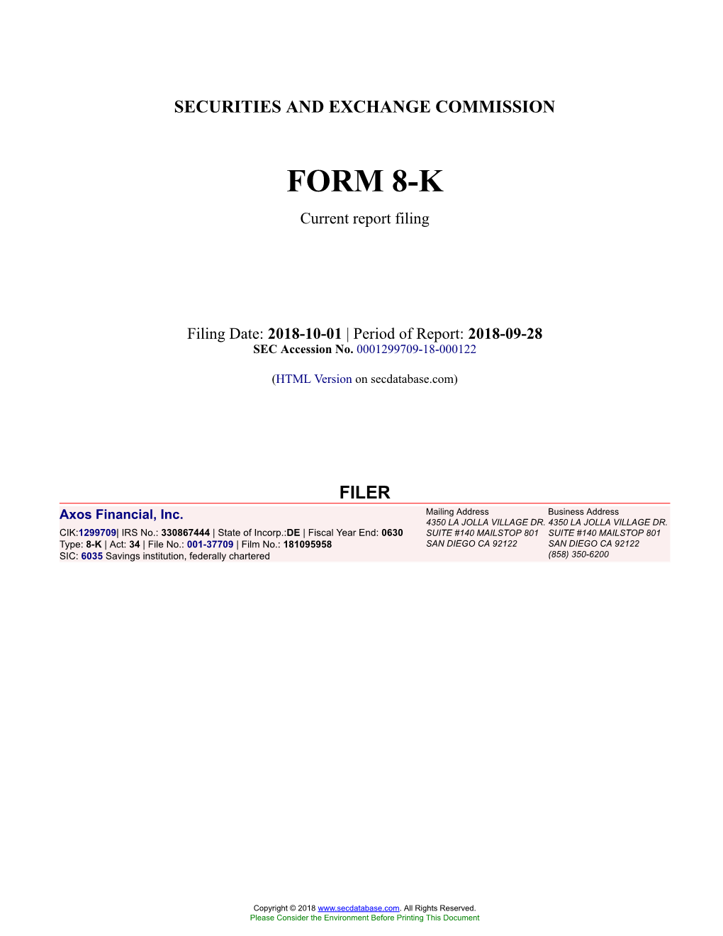 Axos Financial, Inc. Form 8-K Current Event Report Filed 2018-10-01