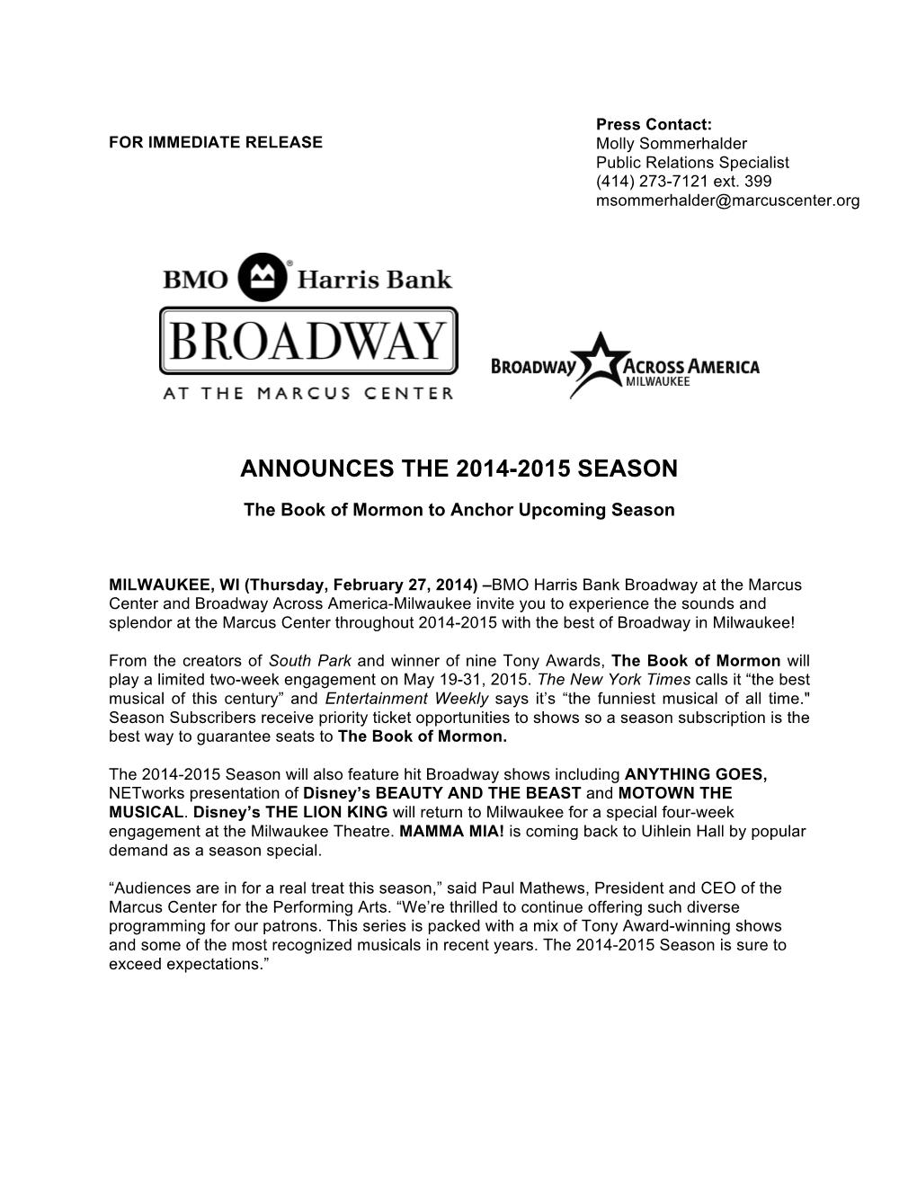 Announces the 2014-2015 Season