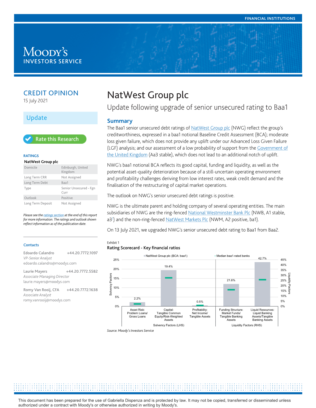 Natwest Group Plc 15 July 2021 Update Following Upgrade of Senior Unsecured Rating to Baa1