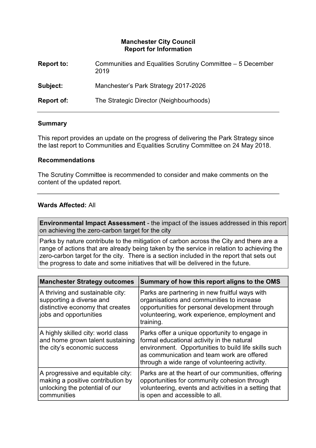 Manchester City Council Report for Information Report To