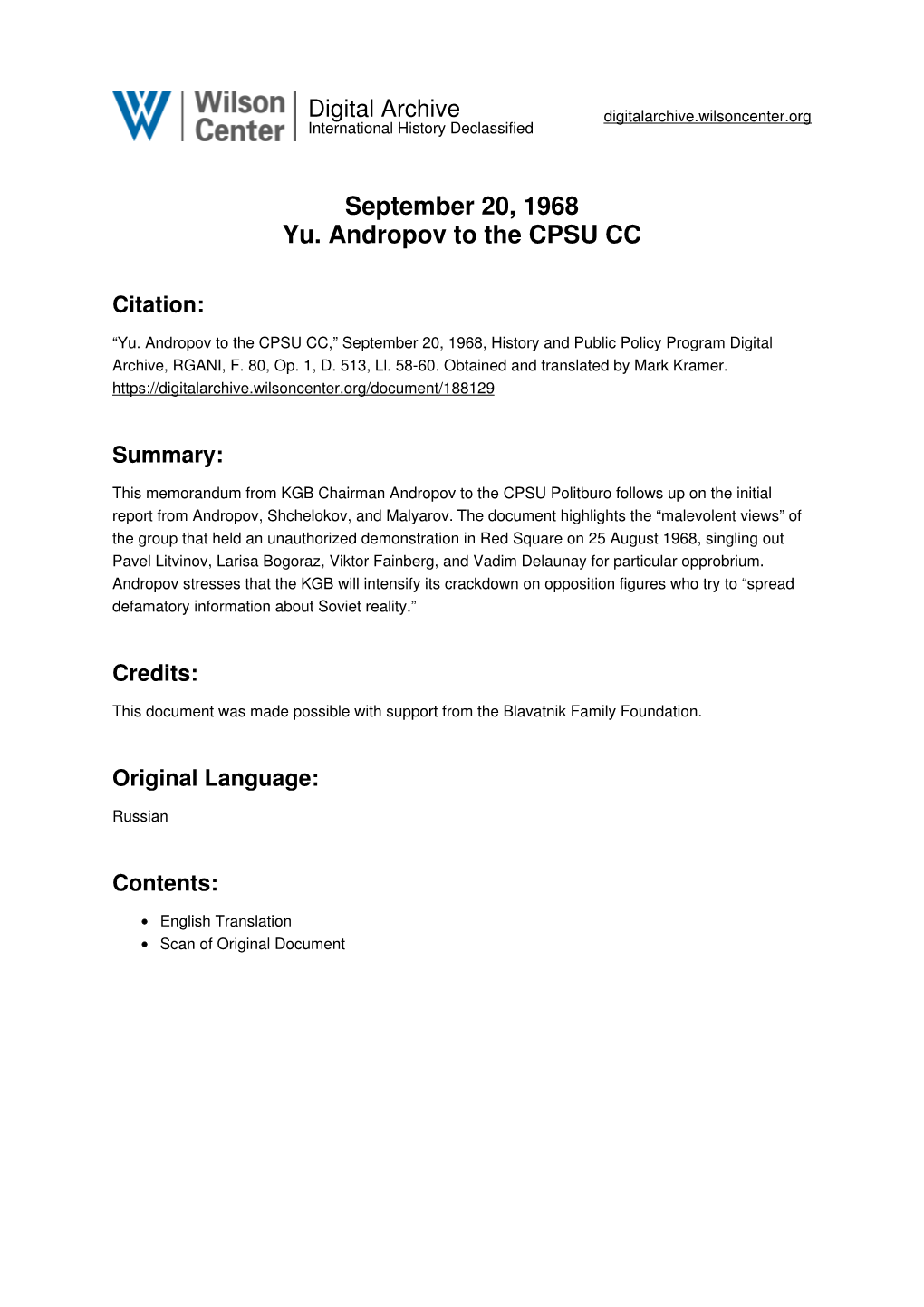 September 20, 1968 Yu. Andropov to the CPSU CC