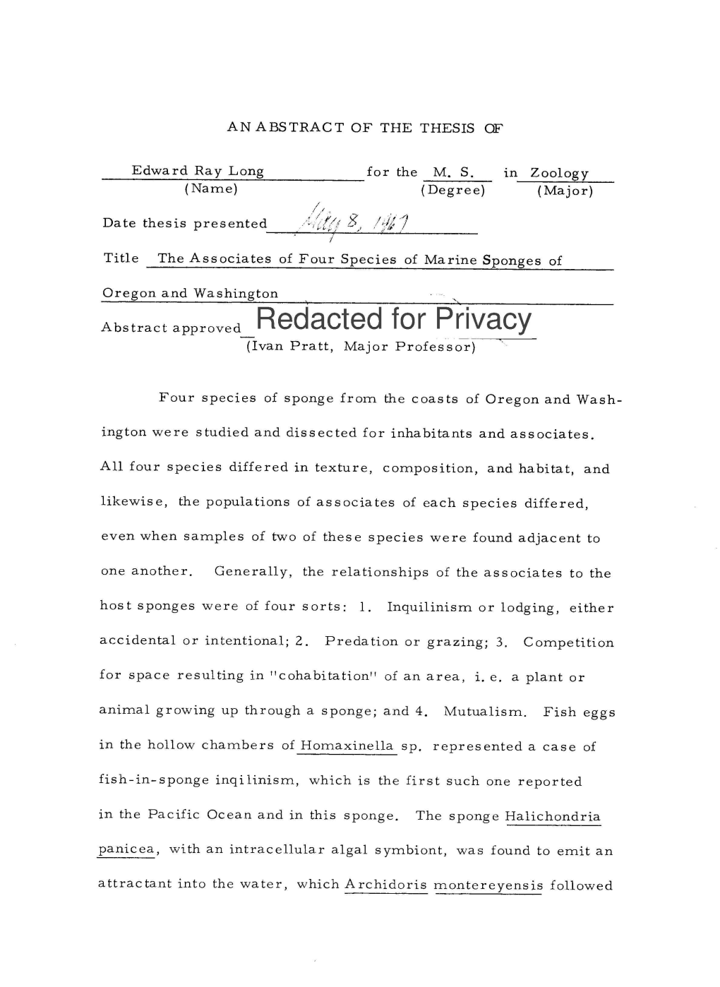 The Associates of Four Species of Marine Sponges of Oregon and Washington Abstract Approved Redacted for Privacy (Ivan Pratt, Major Professor)