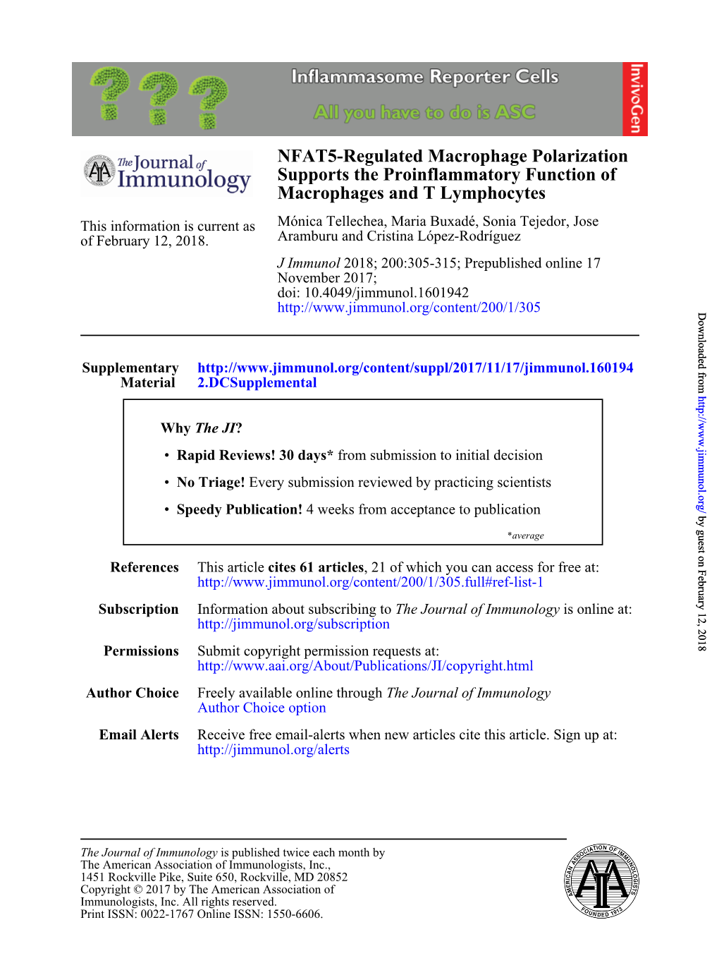 NFAT5-Regulated Macrophage Polarization Supports the Proinflammatory Function of Macrophages and T Lymphocytes