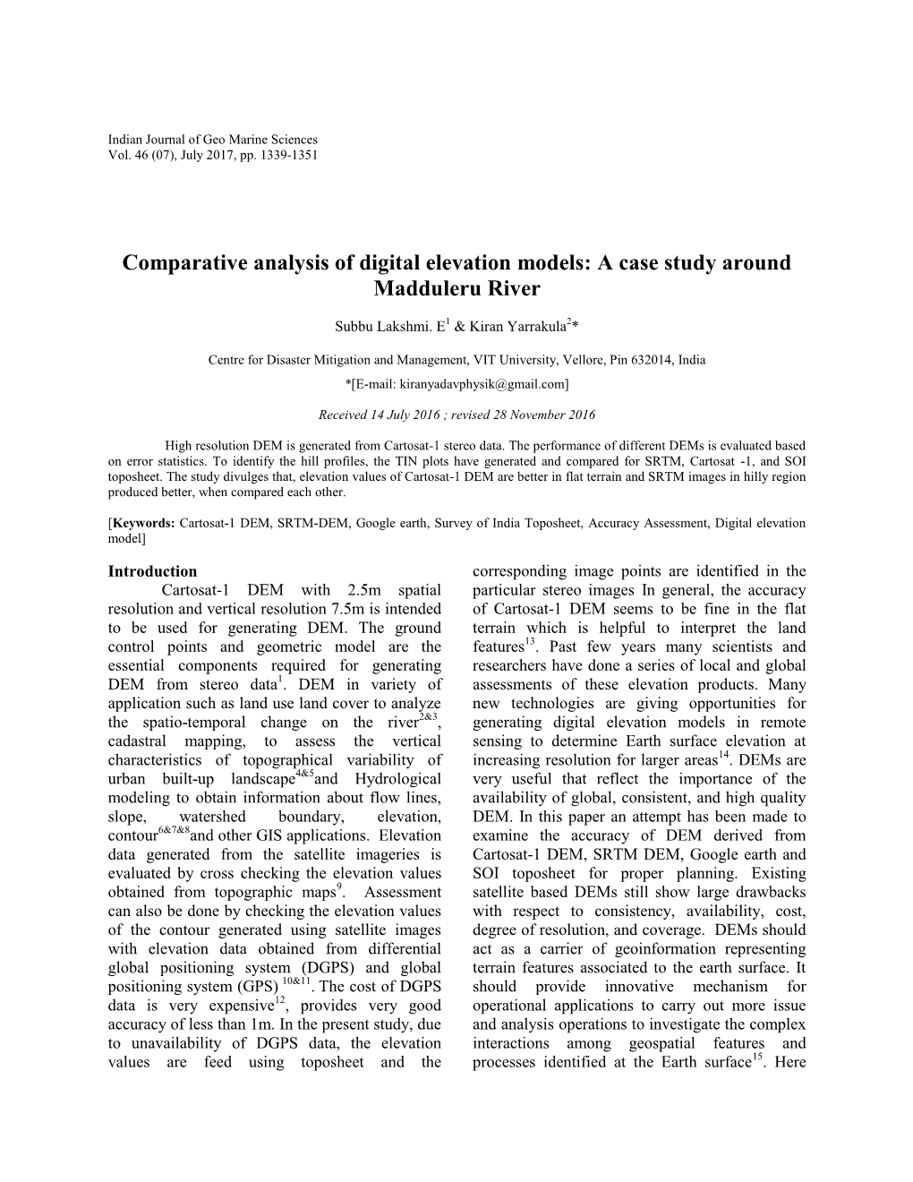 Comparative Analysis of Digital Elevation Models: a Case Study Around Madduleru River