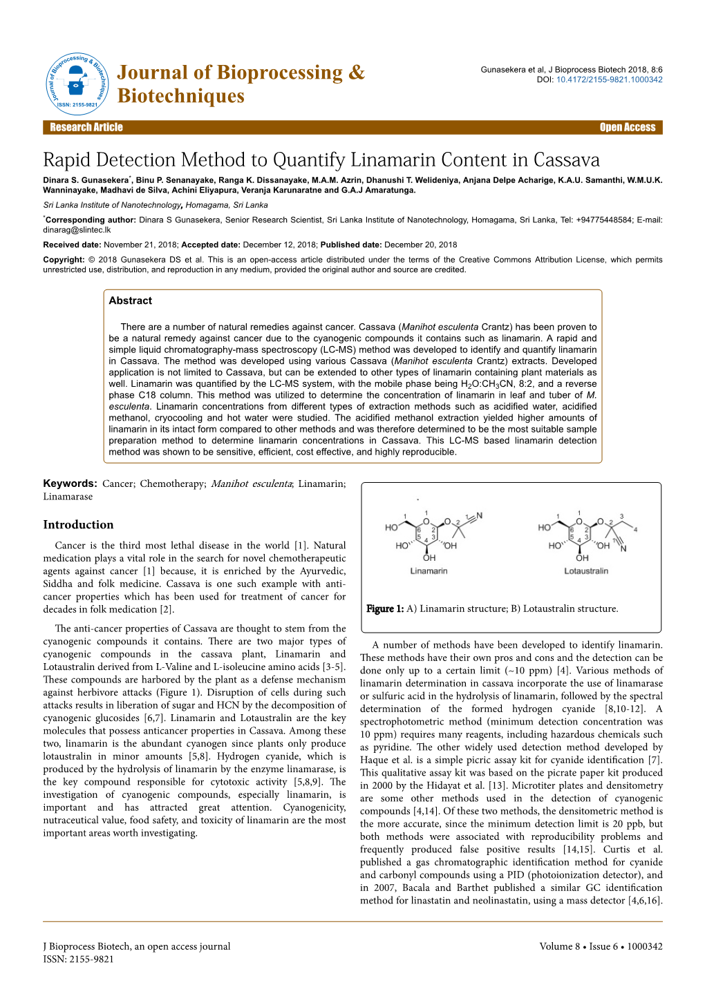 Rapid Detection Method to Quantify Linamarin Content in Cassava Dinara S