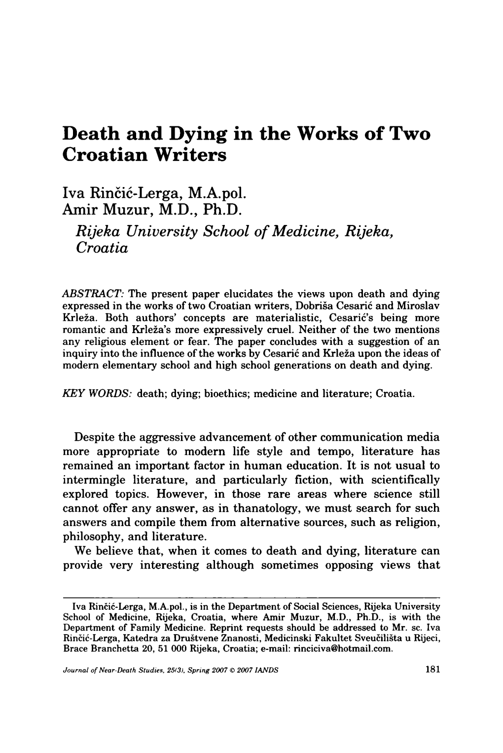Death and Dying in the Works of Two Croatian Writers