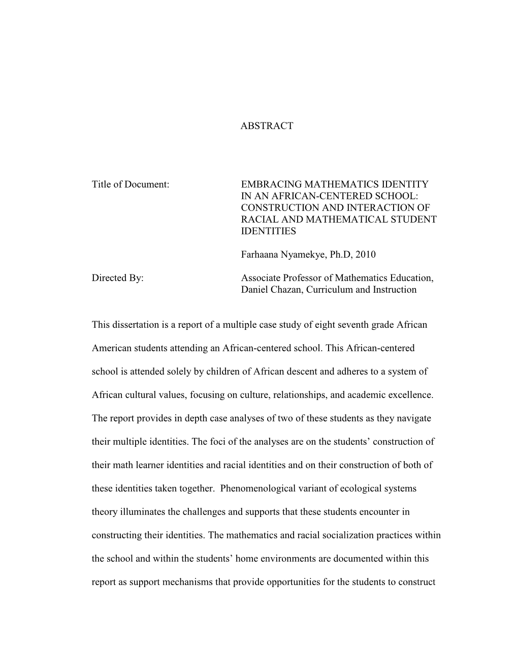 Construction of Racial and Math Learner Identities in Eight African American Adolescents at Flower Academy