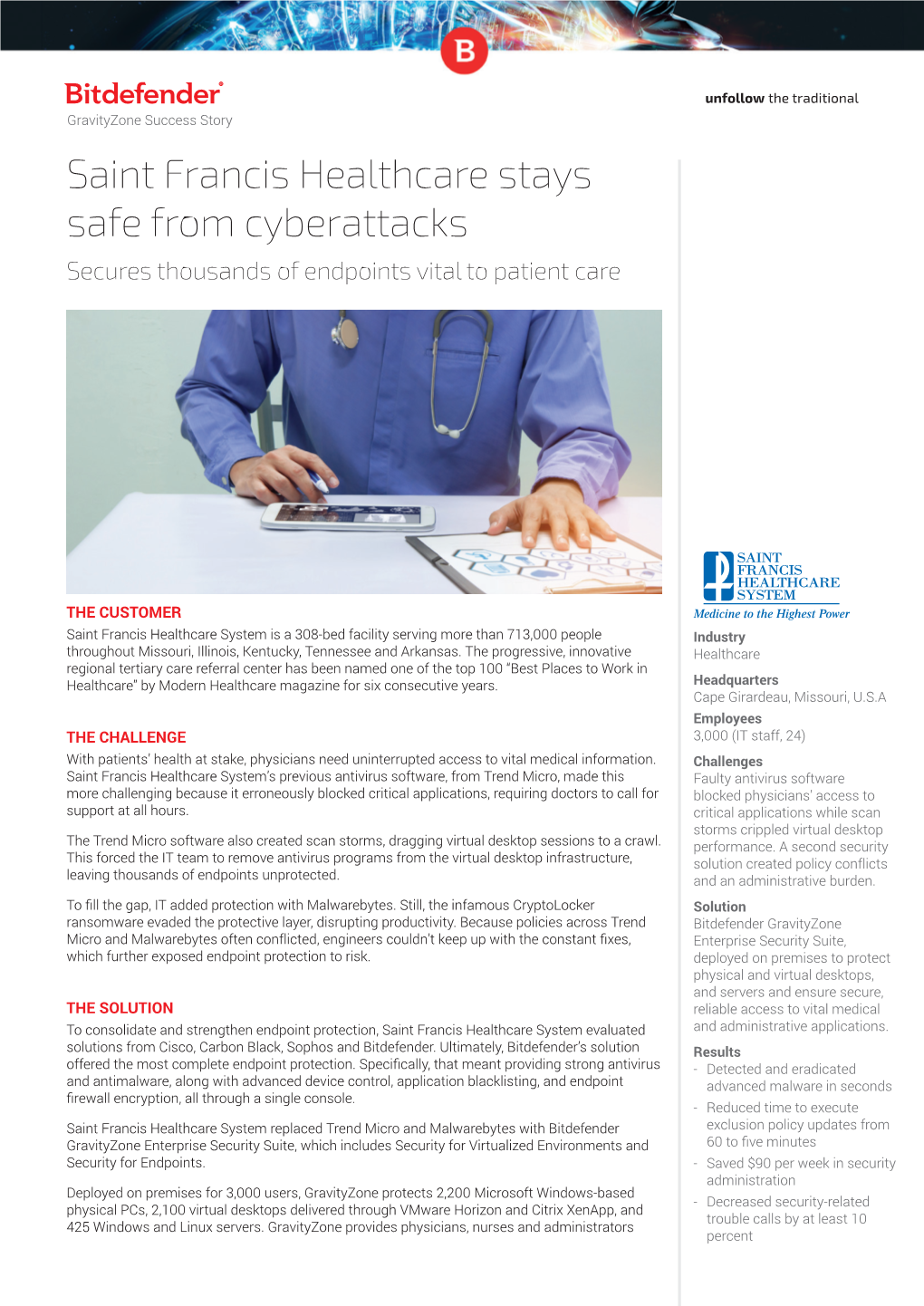 Saint Francis Healthcare Stays Safe from Cyberattacks Secures Thousands of Endpoints Vital to Patient Care