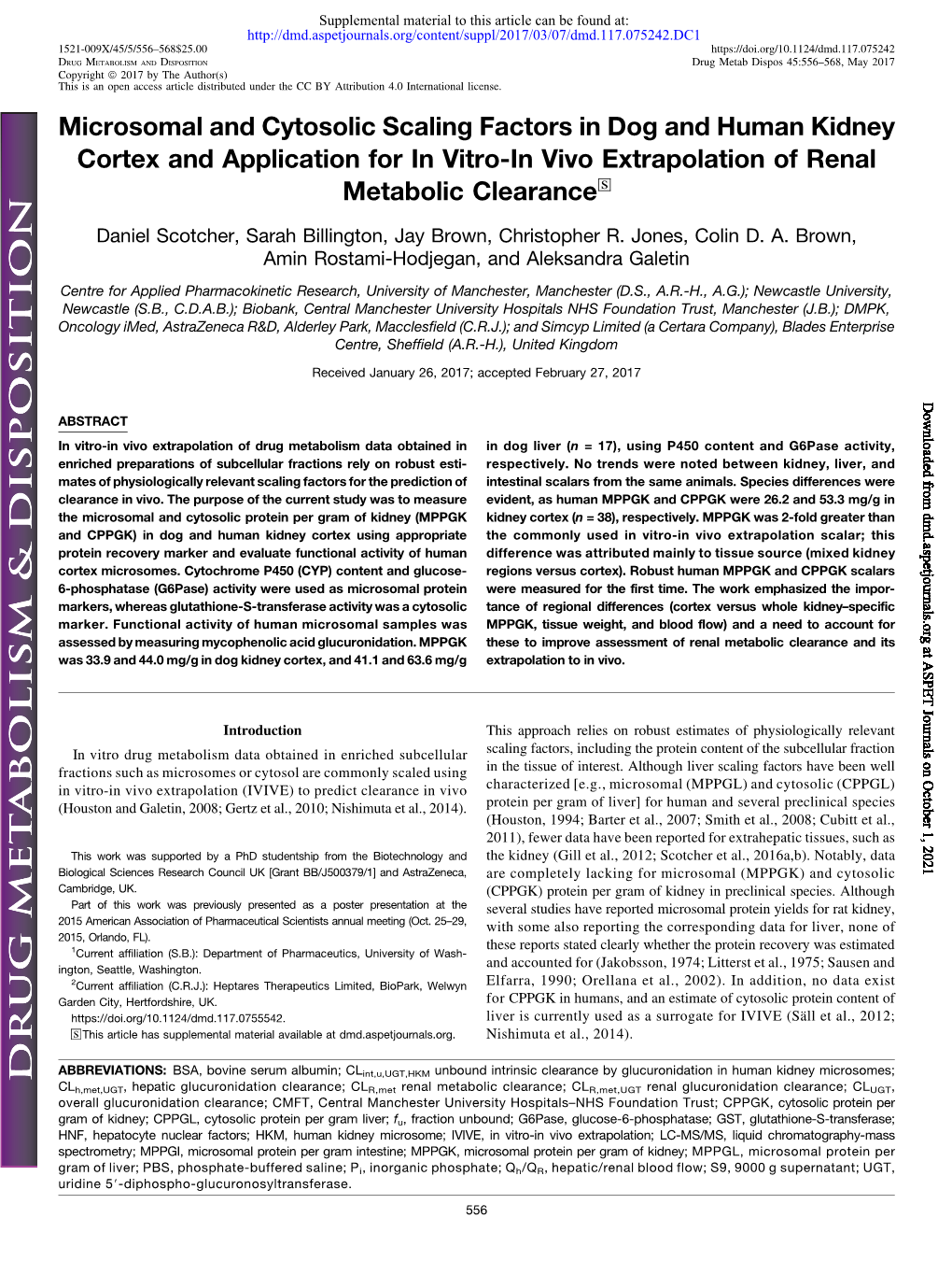 Microsomal and Cytosolic Scaling Factors in Dog and Human Kidney Cortex and Application for in Vitro-In Vivo Extrapolation of Renal Metabolic Clearance S