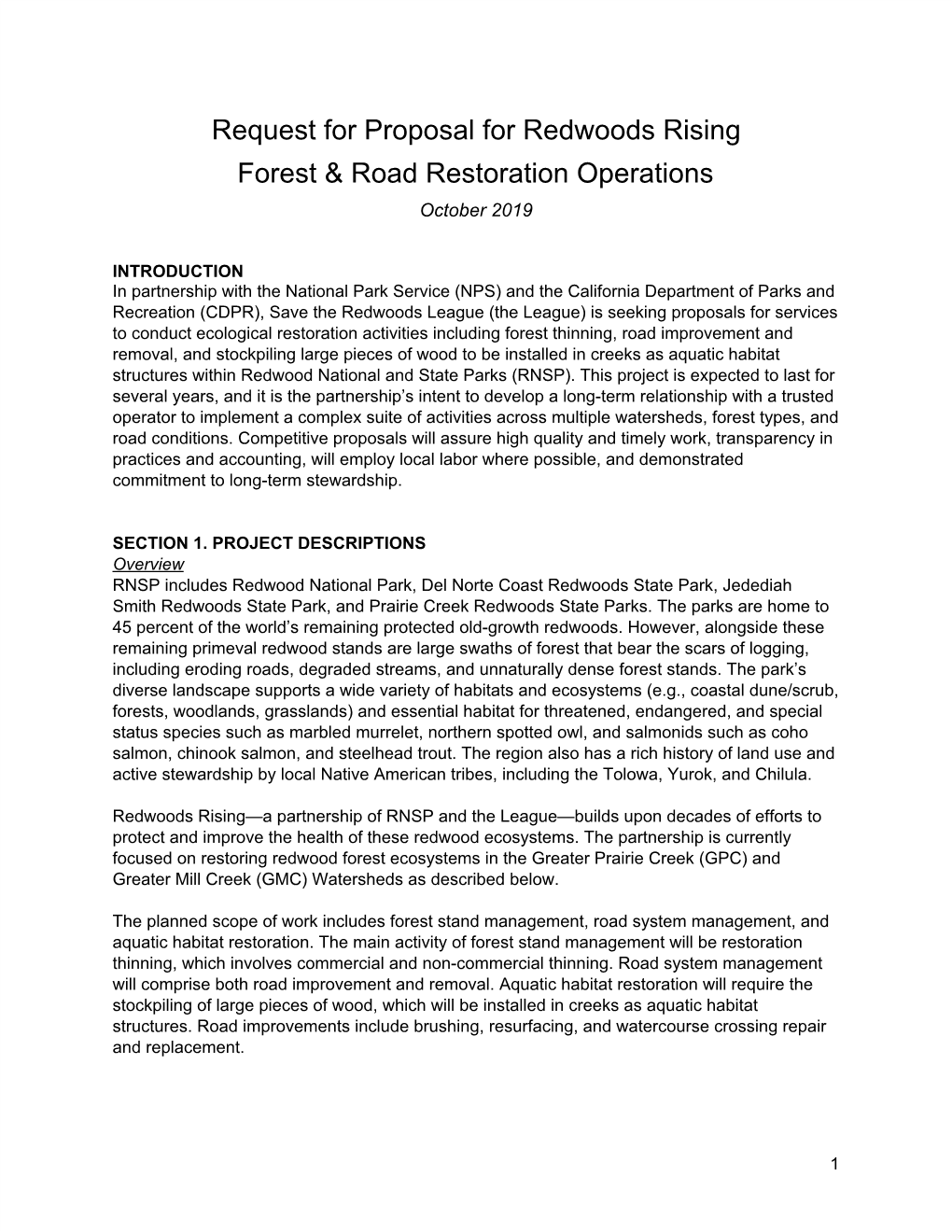 Request for Proposal for Redwoods Rising Forest & Road Restoration