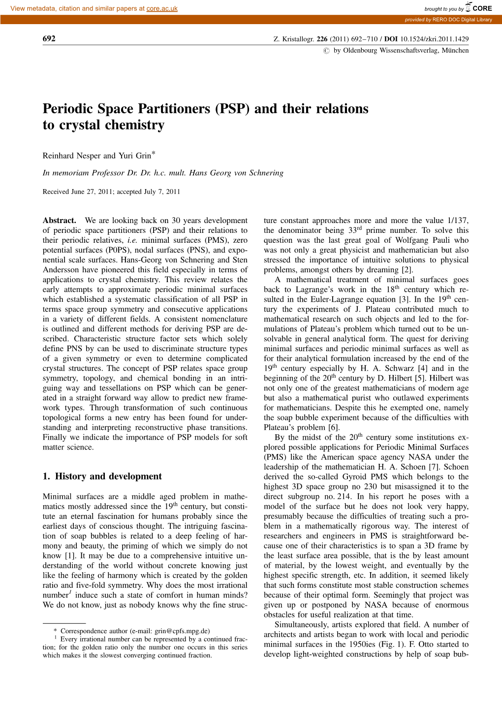 Periodic Space Partitioners (PSP) and Their Relations to Crystal Chemistry