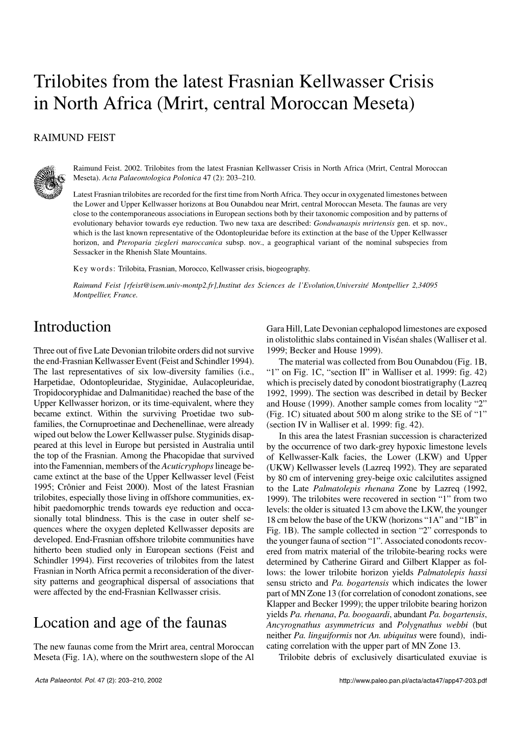 Trilobites from the Latest Frasnian Kellwasser Crisis in North Africa (Mrirt, Central Moroccan Meseta)