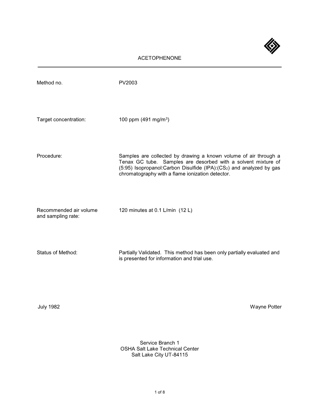 ACETOPHENONE Method No. PV2003 Target Concentration