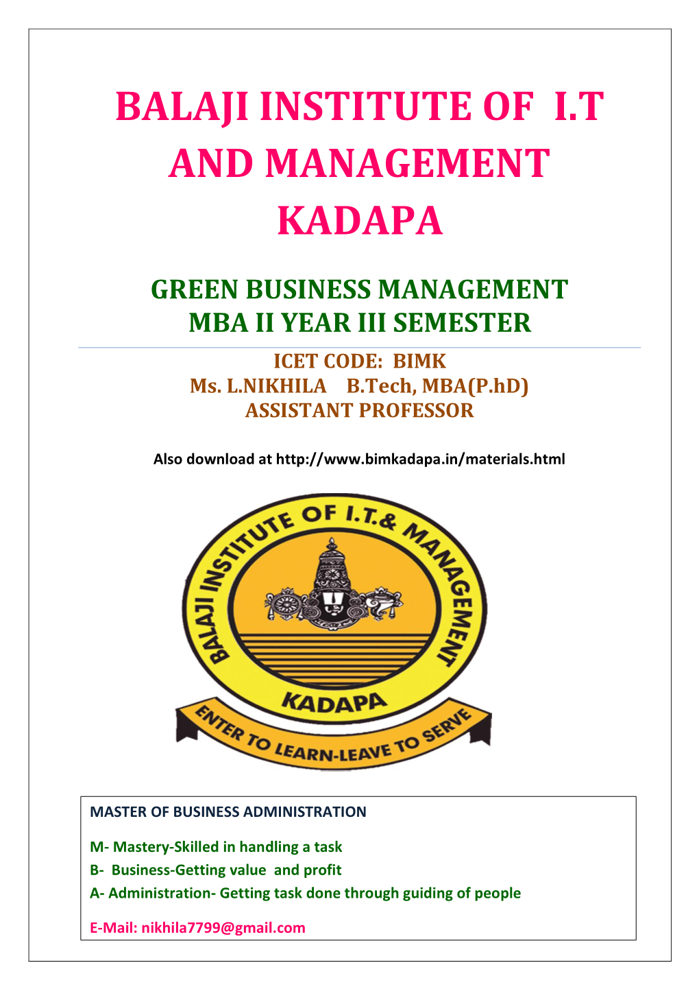 Balaji Institute of I.T and Management Kadapa