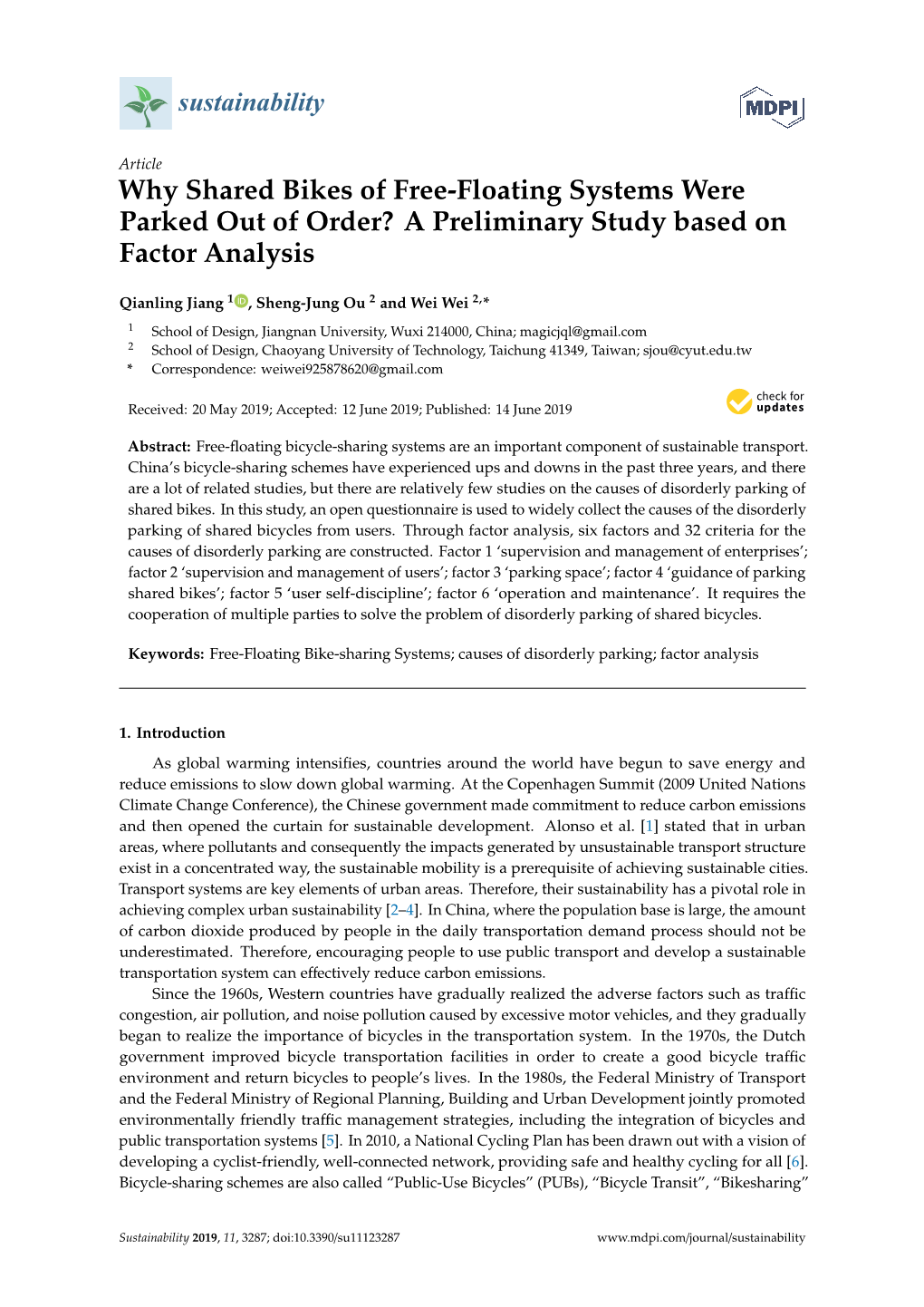 Why Shared Bikes of Free-Floating Systems Were Parked out of Order? a Preliminary Study Based on Factor Analysis