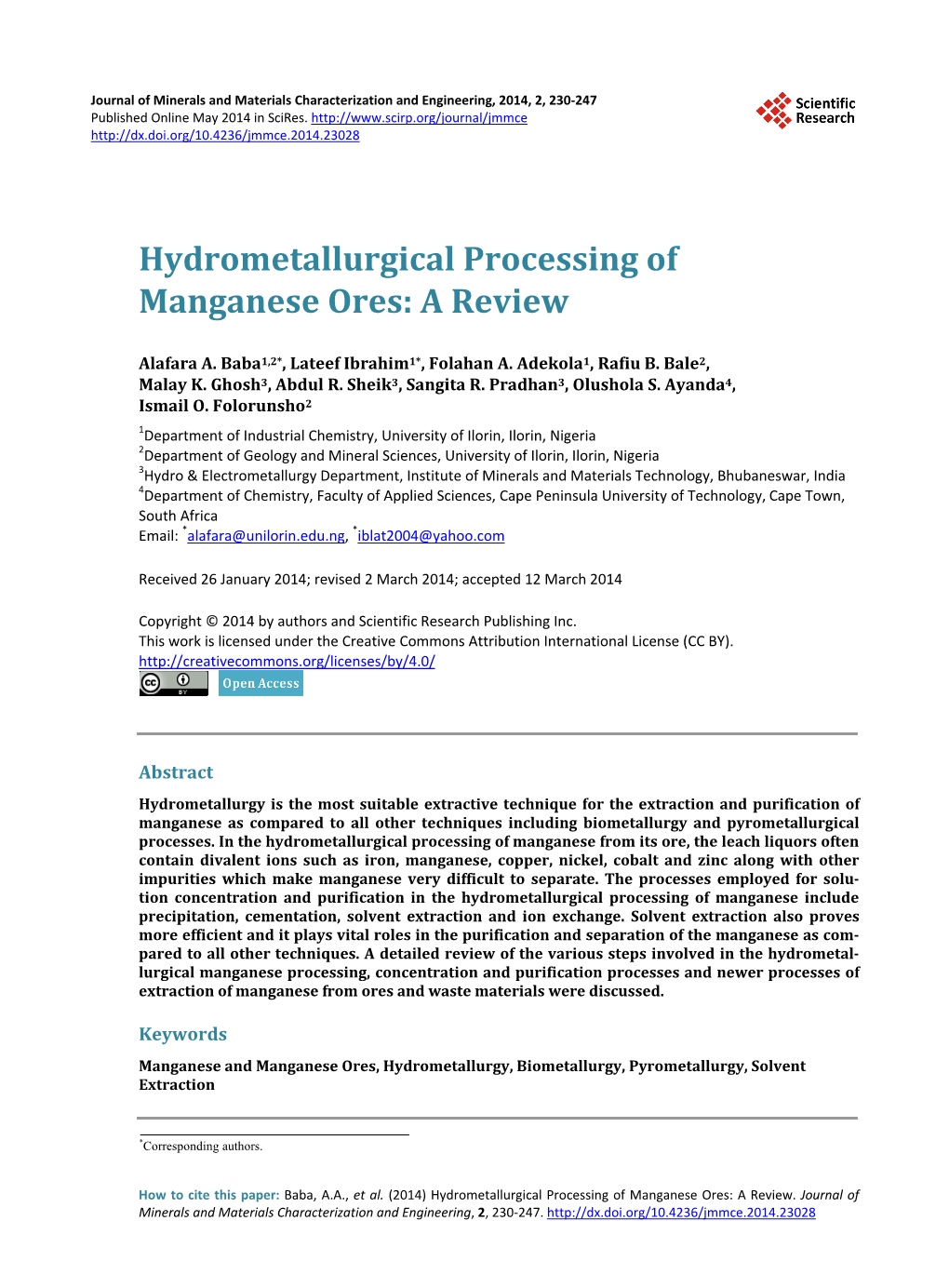 Hydrometallurgical Processing of Manganese Ores: a Review