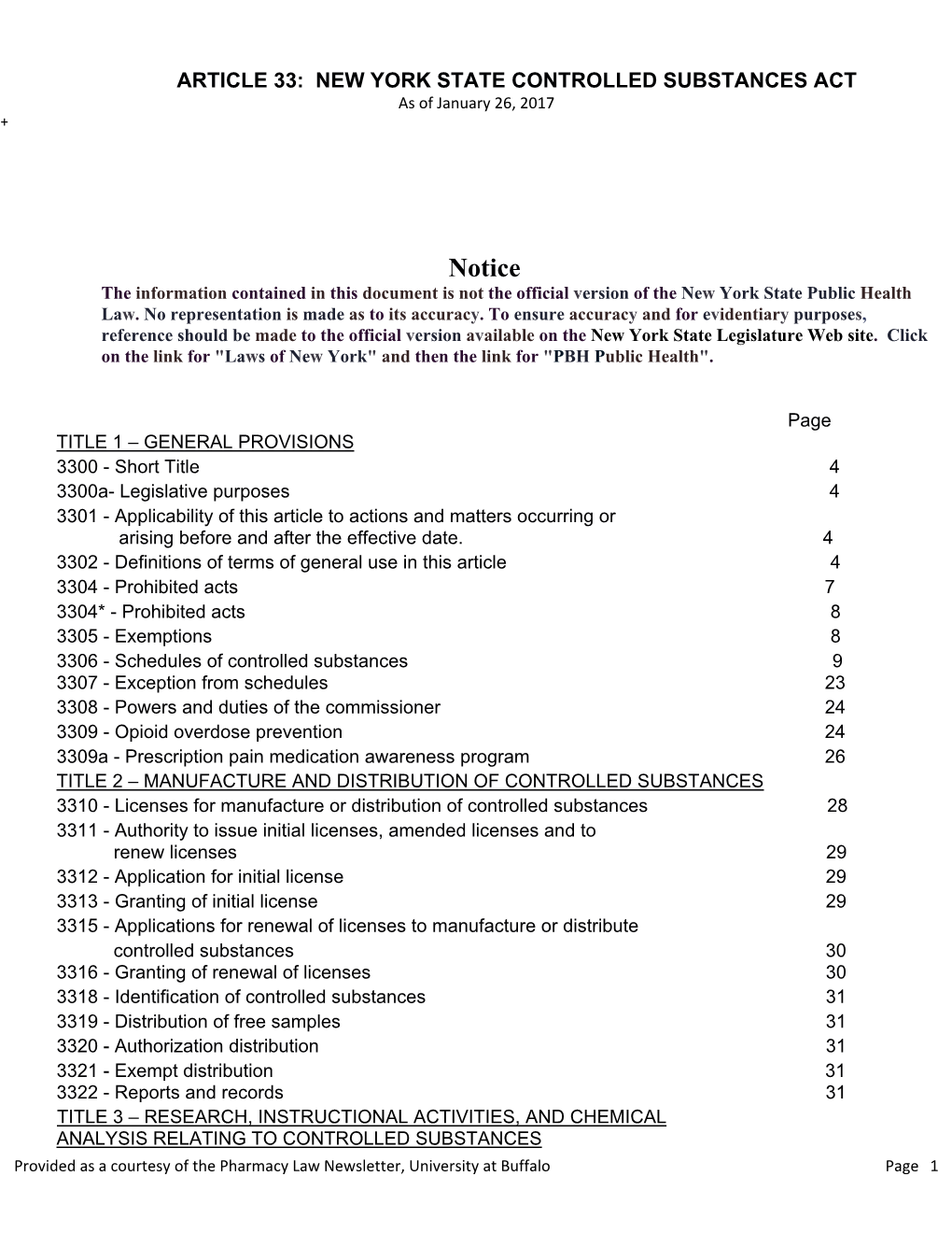 ARTICLE 33: NEW YORK STATE CONTROLLED SUBSTANCES ACT As of January 26, 2017 +