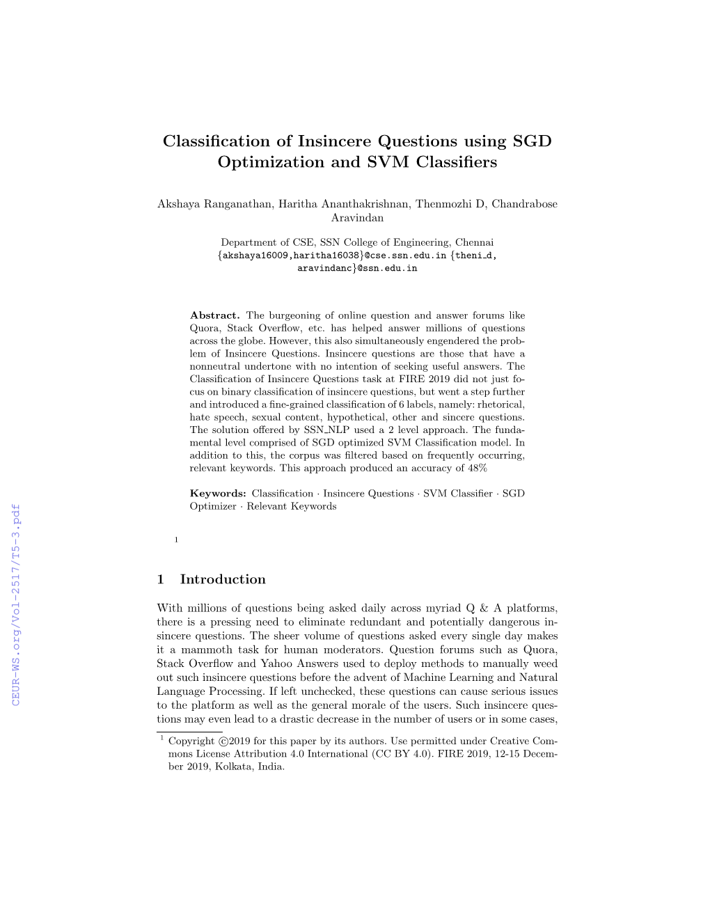 Classification of Insincere Questions Using SGD Optimization and SVM