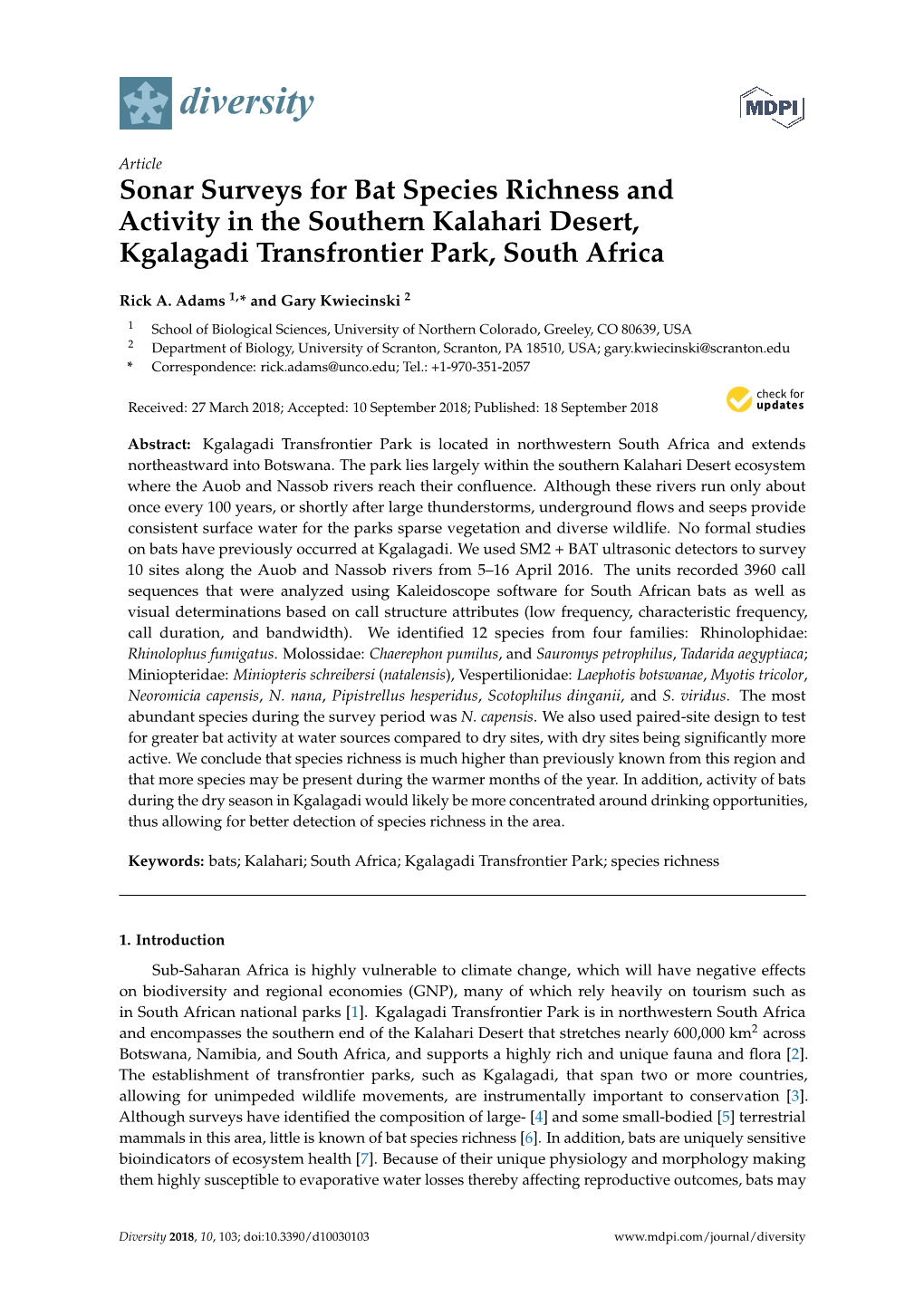 Sonar Surveys for Bat Species Richness and Activity in the Southern Kalahari Desert, Kgalagadi Transfrontier Park, South Africa