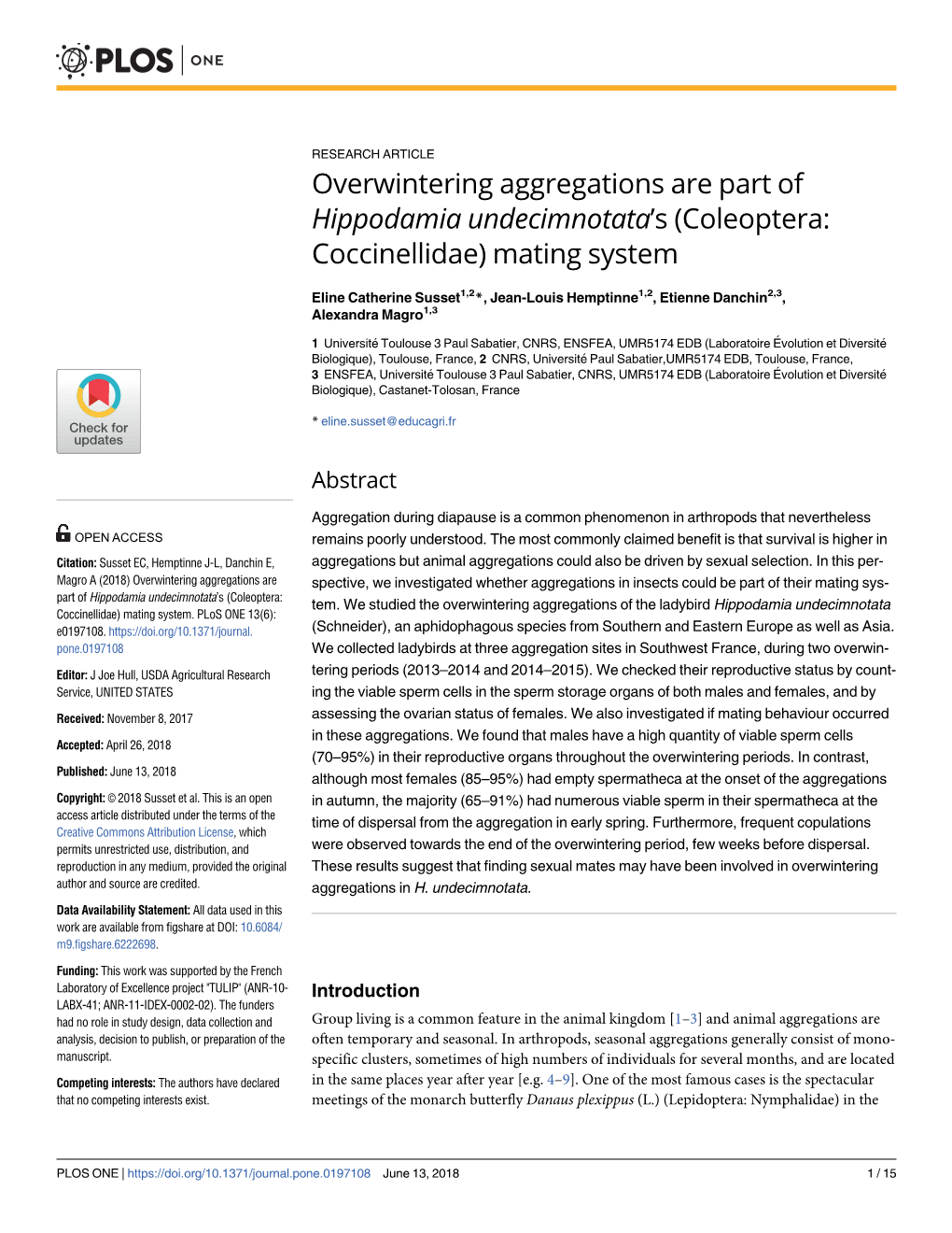 Overwintering Aggregations Are Part of Hippodamia Undecimnotata#