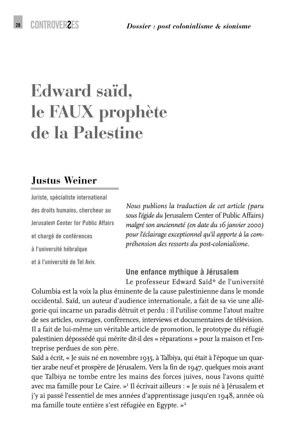Edward Saïd, Le FAUX Prophète De La Palestine