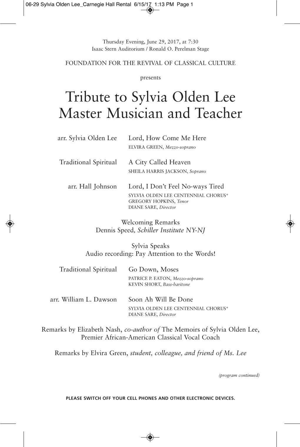Tribute to Sylvia Olden Lee Master Musician and Teacher