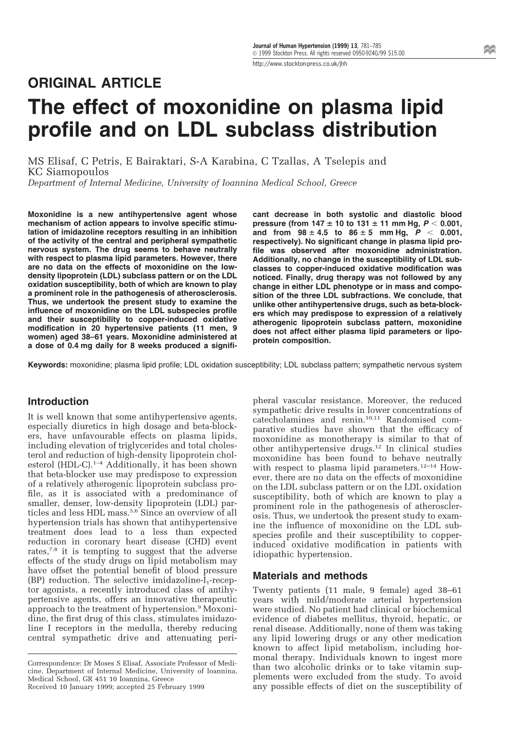 The Effect of Moxonidine on Plasma Lipid Profile and on LDL Subclass