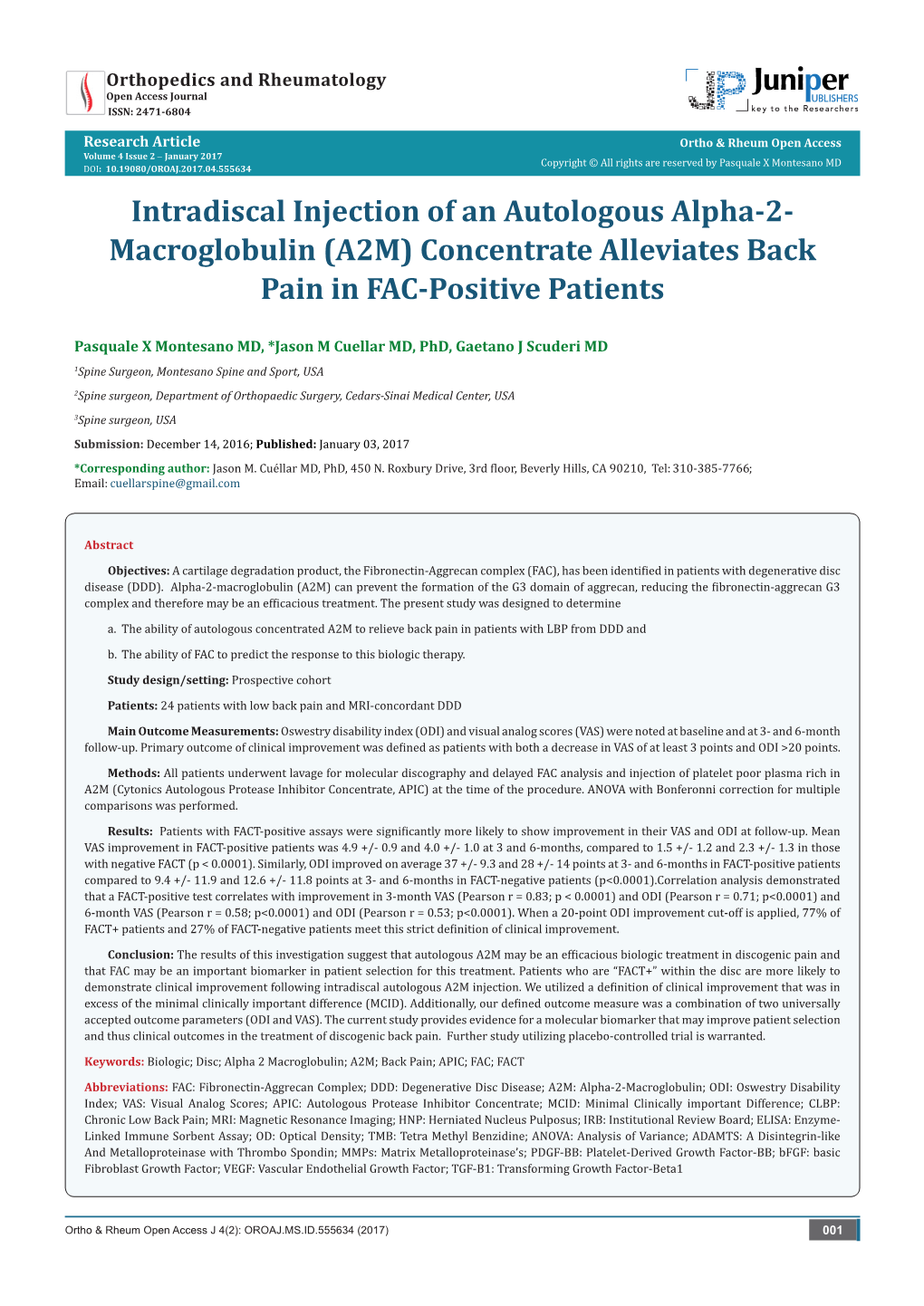 Intradiscal Injection of an Autologous Alpha-2-Macroglobulin (A2M) Concentrate Alleviates Back Pain in FAC-Positive Patients