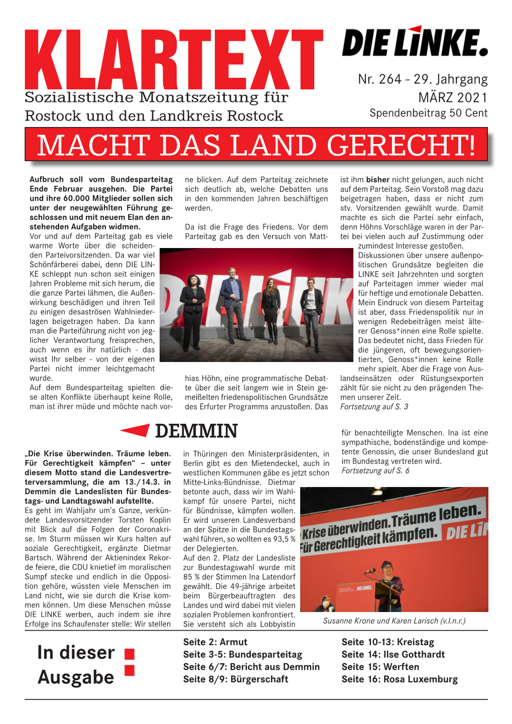 Klartextsozialistische Monatszeitung Für MÄRZ 2021 Rostock Und Den Landkreis Rostock Spendenbeitrag 50 Cent MACHT DAS LAND GERECHT!