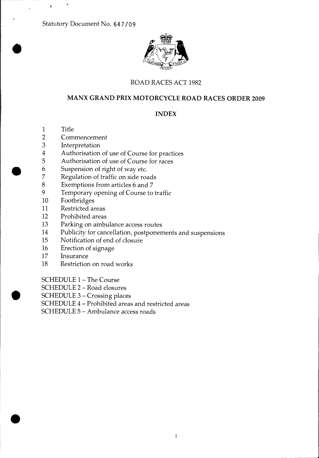 Statutory Document No. 6 4 7/ 0 9 ROAD RACES ACT 1982 1 Title 2