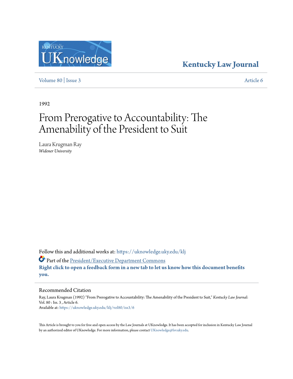The Amenability of the President to Suit Laura Krugman Ray Widener University